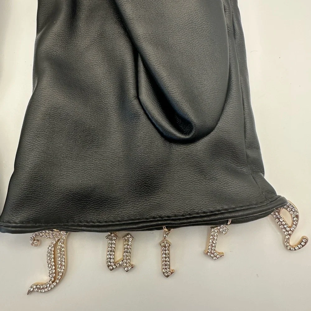 Juicy Couture Black Gloves Gold Rhinestone Dangle Bling Charm Faux Leather Y2K